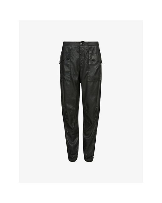 AllSaints Black Val High-rise Tapered Coated Woven Trousers