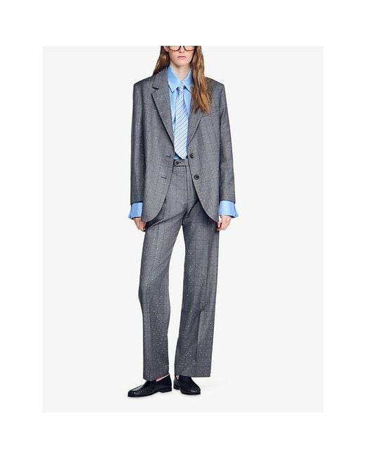 Sandro Gray Rhinestone Check Wool Jacket
