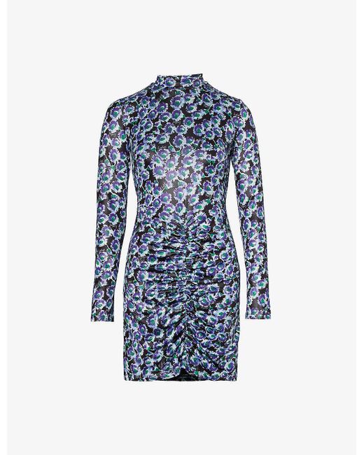 ROTATE BIRGER CHRISTENSEN Blue Floral-print Coated Recycled Polyester-blend Mini Dress
