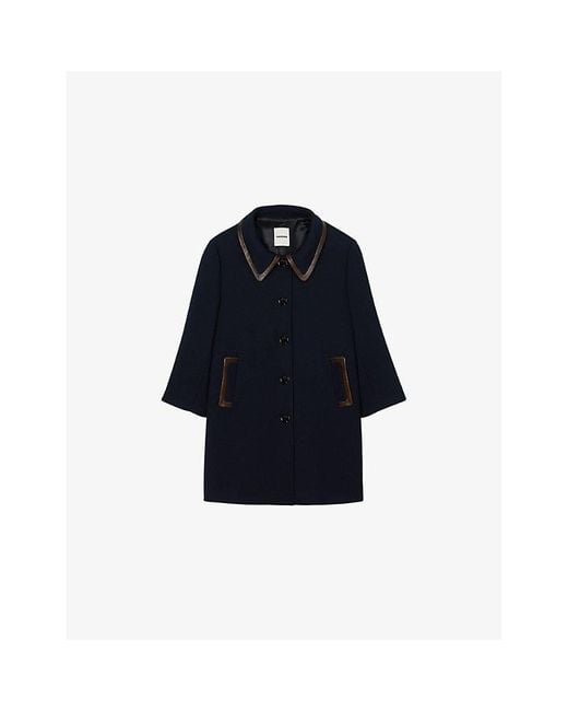 Sandro Blue Side-Pocket Leather-Trim Woven Coat