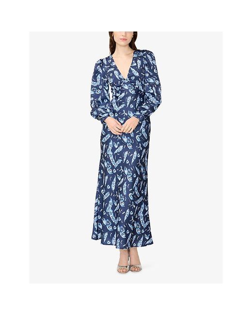 OMNES Blue Francoise Swan-Print Satin Maxi Dress