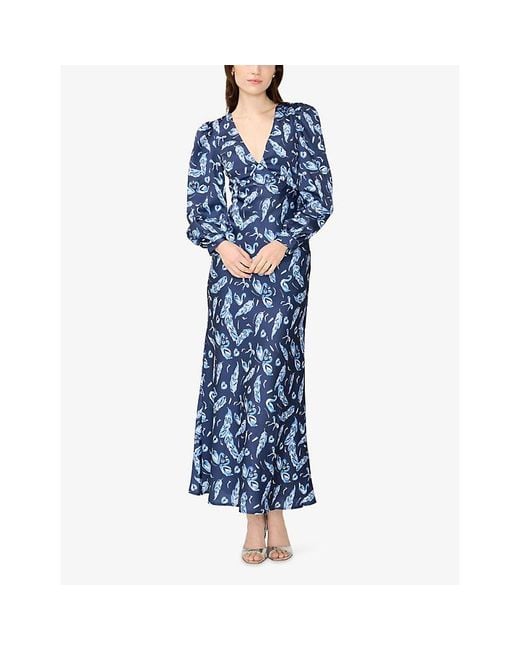OMNES Blue Francoise Swan-Print Satin Maxi Dress