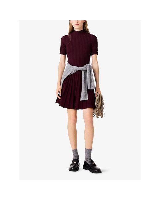 Maje Purple High-Neck Short-Sleeve Stretch-Knit Mini Dress