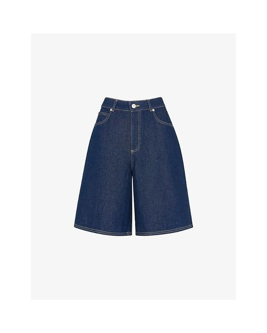 Whistles Blue Wide-Leg High-Rise Knee-Length Denim Shorts