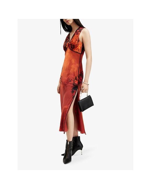 AllSaints Red Karla V-Neck Graphic-Print Woven Midi Dress