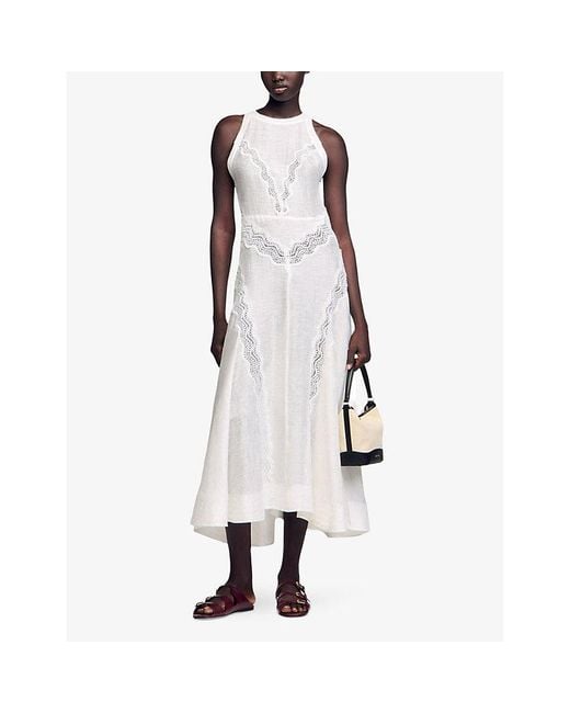 Sandro Sleeveless Lace-Trim Linen-Blend Maxi Dress in White | Lyst Sandro Sleeveless Lace-Trim Linen-Blend Maxi Dress in White | Lyst