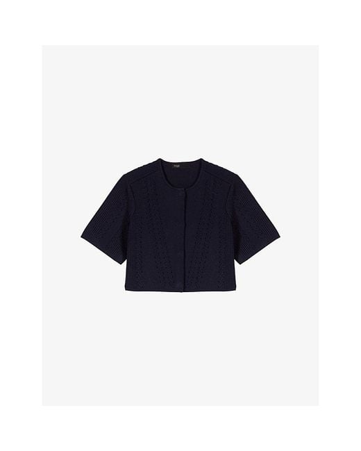 Maje Blue Cropped Round-Neck Short-Sleeve Knitted Cardigan