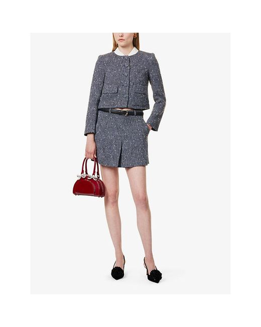 Self-Portrait Blue Contrast Collar Padded Shoulder Boucle Jacket