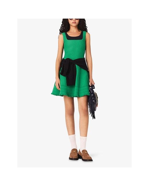 Maje Green Structured-Rib Knitted Skater Dress