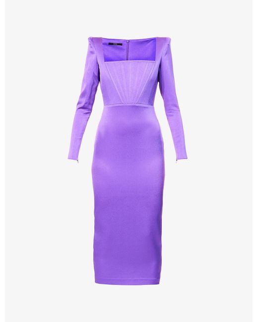 Alex Perry Purple Dellen Square-neck Satin Midi Dress