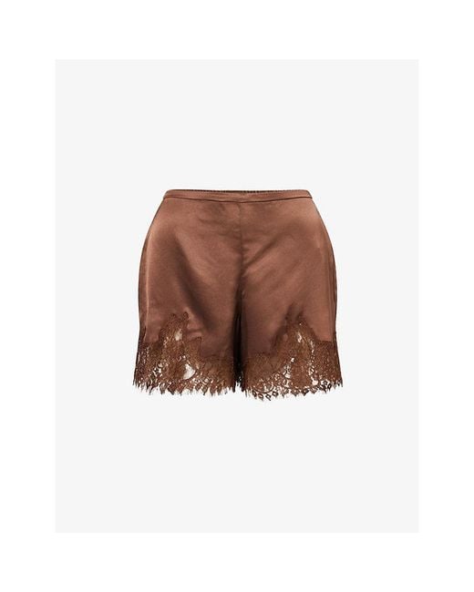 Reformation Brown Fern Lace-Trim Satin Shorts