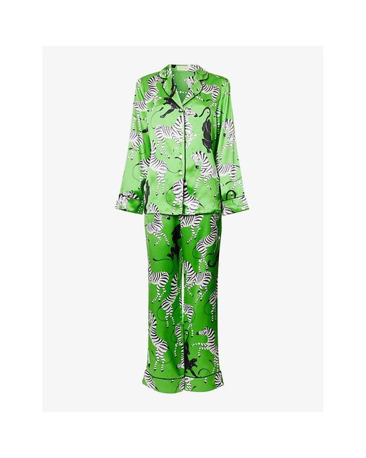 Olivia Von Halle Green Lila Graphic-pattern Silk Pyjama Set