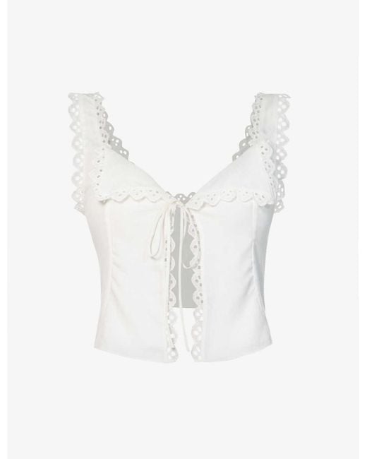 House Of Cb White Amber Broderie-anglaise-trim Woven Top