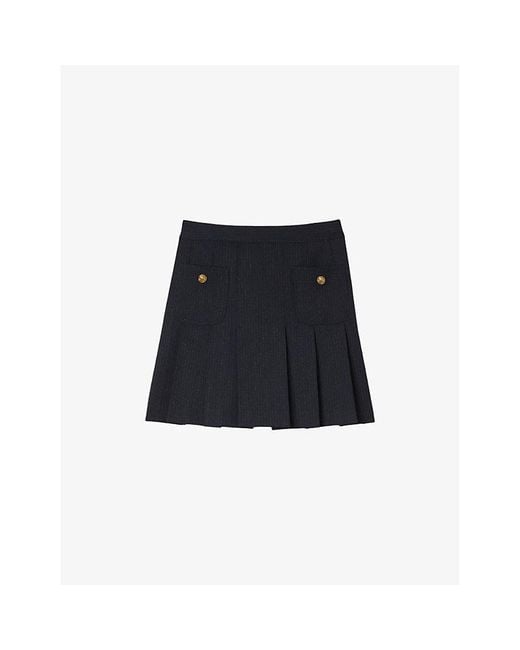 Sandro Black Striped Flared Stretch-Wool Mini Skirt