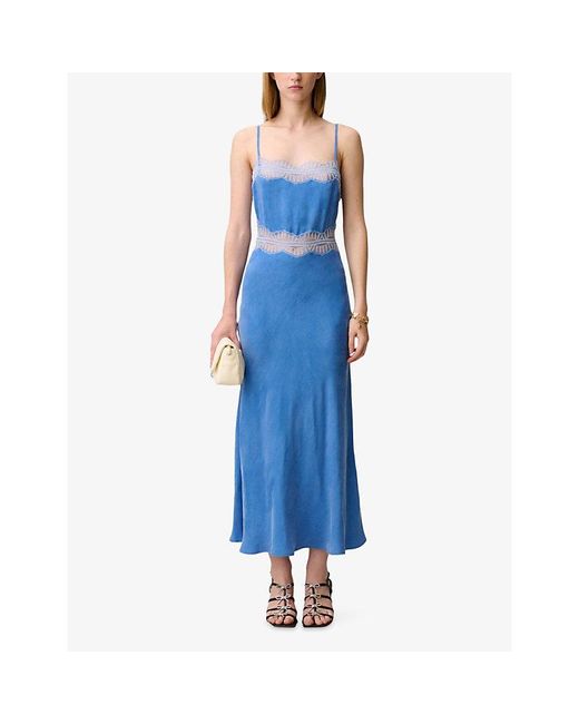 Claudie Pierlot Blue Square-Neck Lace-Trim Woven Maxi Dress