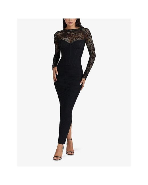 House Of Cb Black Shiloh Lace Long-Sleeve Stretch-Woven Maxi Dress