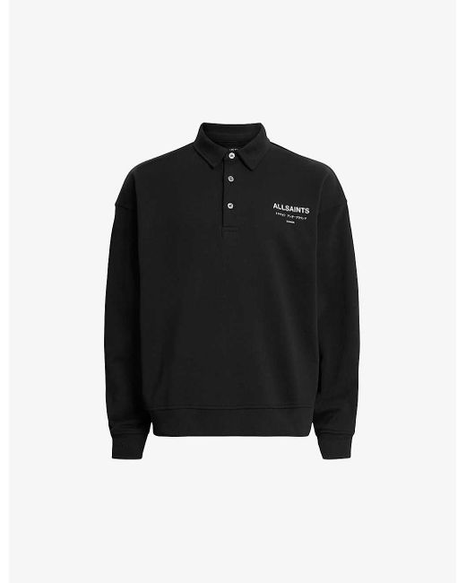 AllSaints Black Underground Logo-print Relaxed-fit Polo Sweatshirt for men