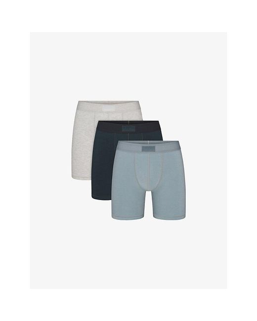 Skims Blue Branded-Waisband Pack Of Three Cotton-Blend Boxer Briefs for men