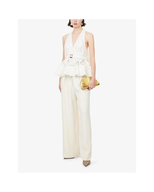 Self-Portrait White Halter-Neck Peplum Linen-Blend Top