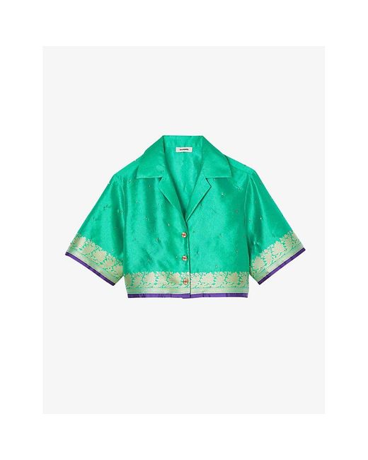 Sandro Green Damask-print Rhinestone-embellished Woven Shirt