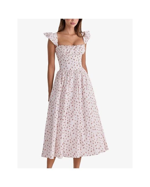 House Of Cb White Livia Rose-Print Stretch-Cotton Midi Sundress Xs (A-C Cup)