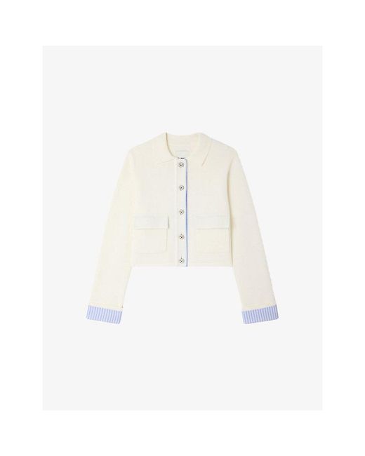 Sandro White Contrast-Trim Wool-Blend Polo Cardigan