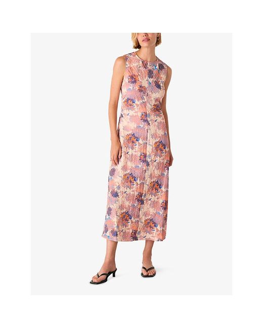 Whistles Pink Floral-Print Round-Neck Textured Stretch-Cotton Midi Dress