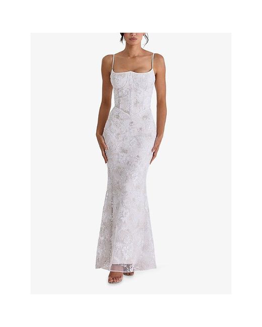 House Of Cb White Naeva Bead-Embellished Tulle Bridal Gown