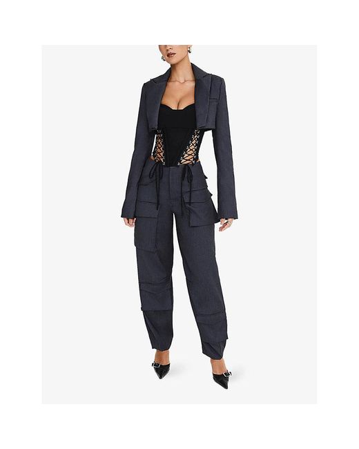 Mistress Rocks Blue Peak-Lapel Cropped Woven Blazer