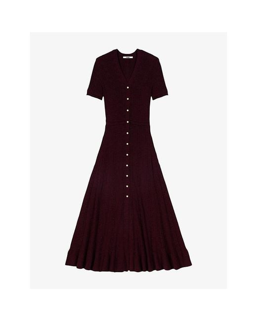 Maje Red V-Neck Button-Down Stretch-Knit Midi Dress