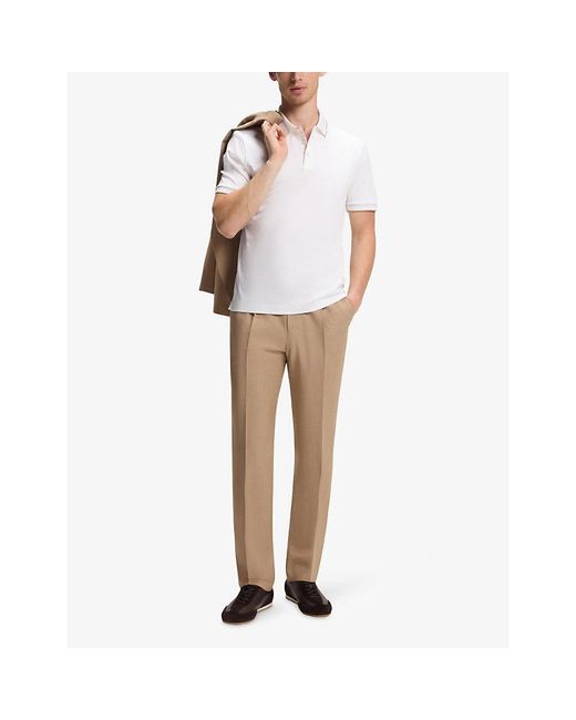 Boss White Contrast-Trim Short-Sleeve Cotton Polo for men