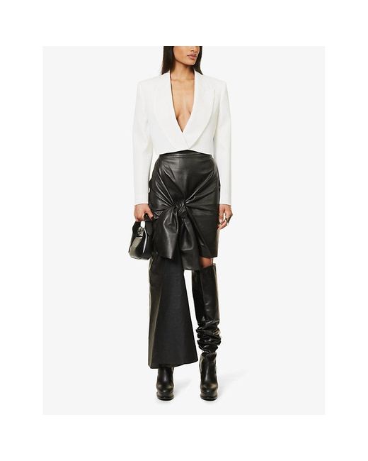 Alexander McQueen Black Draped Bow-embellished High-rise Leather Midi Skirt