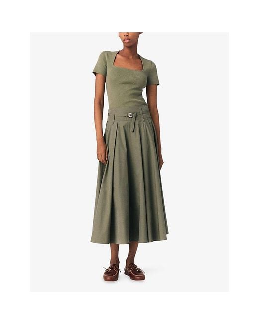 Maje Green Ribbed Square-Neck Stretch Cotton-Blend Top