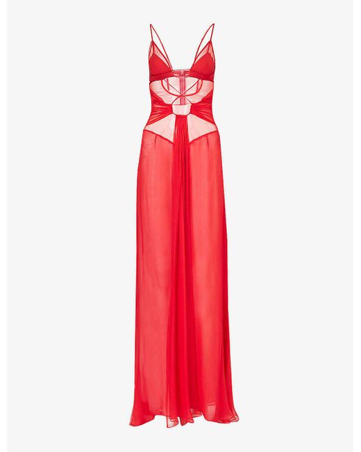 Nensi Dojaka Red Sheer-panel Cut-out Silk Maxi Dress