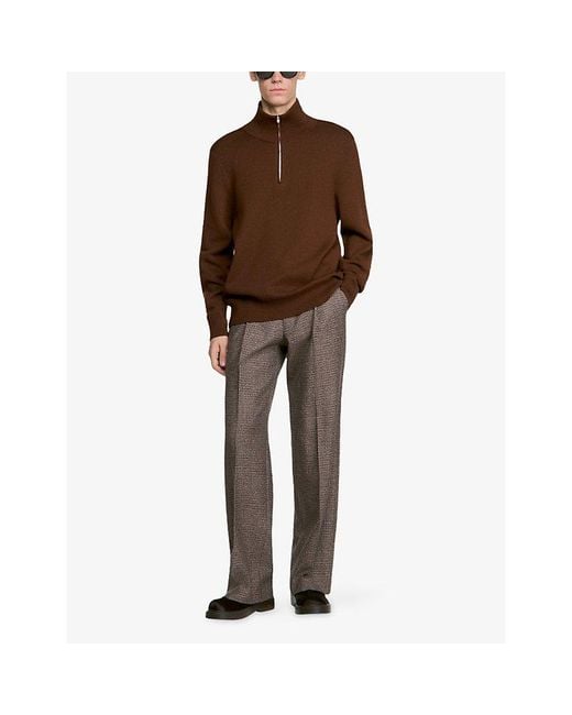 Sandro Brown Boxy Stand-Collar Cotton And Wool-Blend Jumper for men