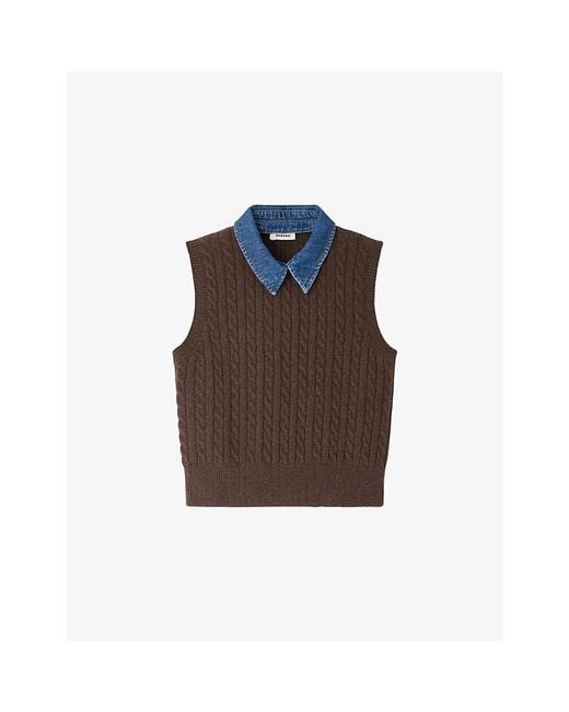 Sandro Brown Denim-Collar Ribbed Sleeveless Wool-Blend Jumper