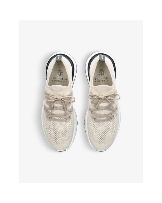 Brunello Cucinelli White Brand-Embossed Knitted Low-Top Trainers for men