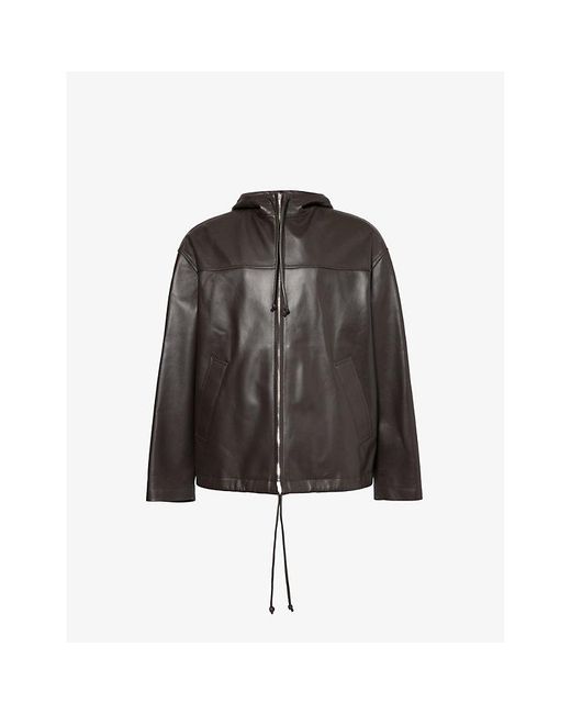Bottega Veneta Brown Drawstring-hood Relaxed-fit Leather Jacket for men