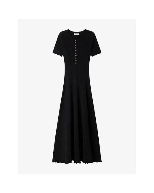 Sandro Black Round-Neck Ribbed-Knit Stretch-Woven Maxi Dress