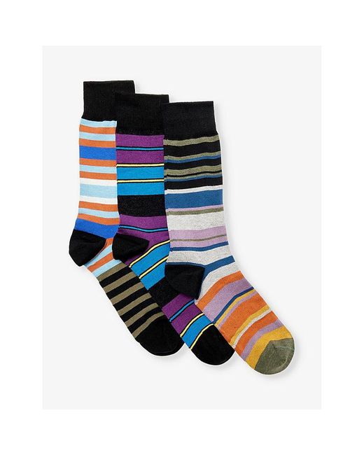 Paul Smith Black Stripe-pattern Pack Of Three Stretch-cotton Knitted Socks for men