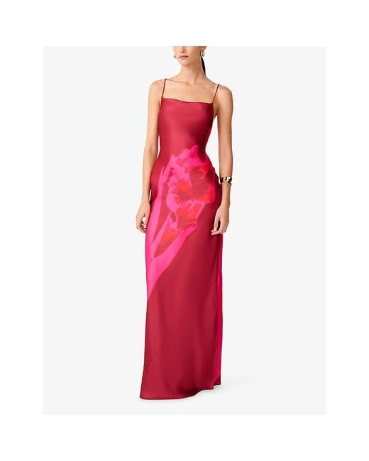 OMNES Red Ginny Floral-Print Satin Maxi Dress