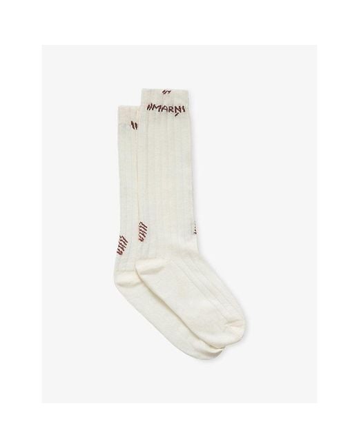 Marni White Mending-Embroidered Cotton-Blend Mid-Calf Socks