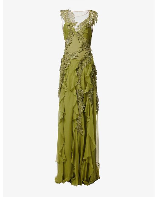 Alberta Ferretti Green Floral-appliqué Flared-hem Silk Gown