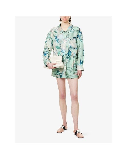 Givenchy Blue Graphic-Print Cropped Silk Shirt