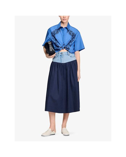Sandro Blue Embroidered And Bead-Embellished Cotton Shirt