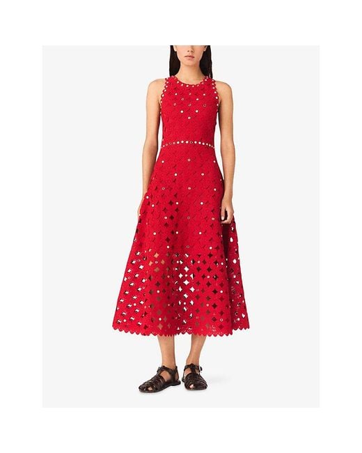 Maje Red Sleeveless Sequin-Embellished Woven Midi Dress