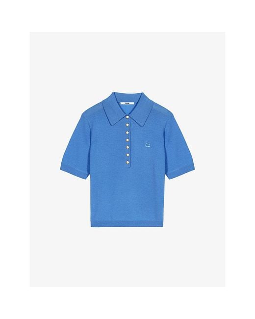 Maje Blue Brand-Embroidered Short-Sleeve Wool Polo Jumper
