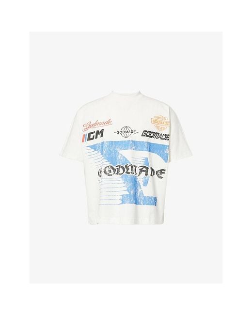 GODMADE Blue Graphic-Print Cotton T-Shirt for men