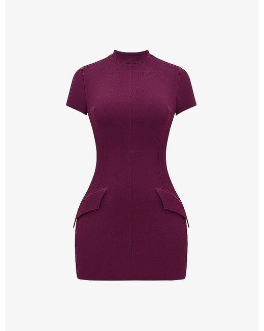House Of Cb Purple Alia Flap-pocket Stretch-woven Mini Dress