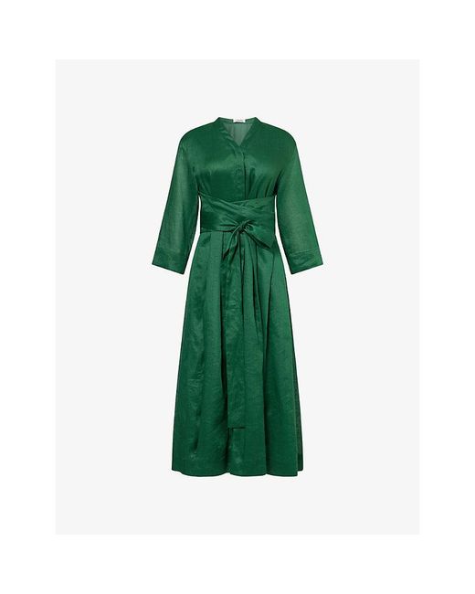 Max Mara Green Ramie Pleated Woven Midi Dress